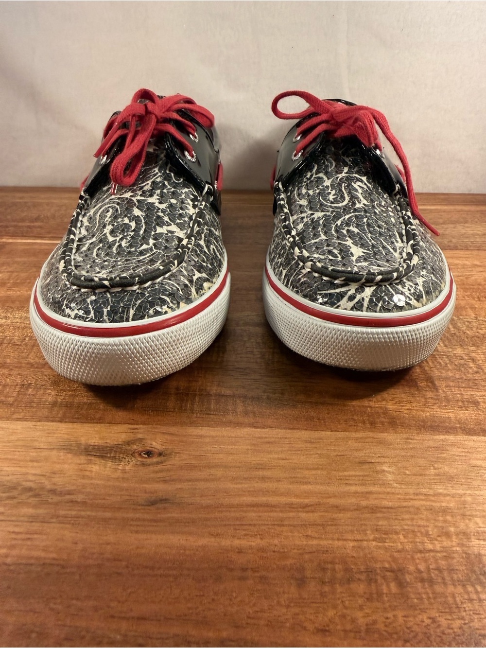 Sperry Biscayne Sequined Boat Shoes Black/White/Red Size 10 - Picture 3 of 10